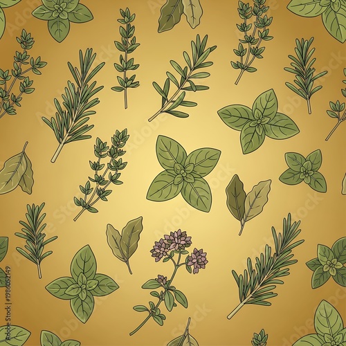 Herbs and leaves on golden background
