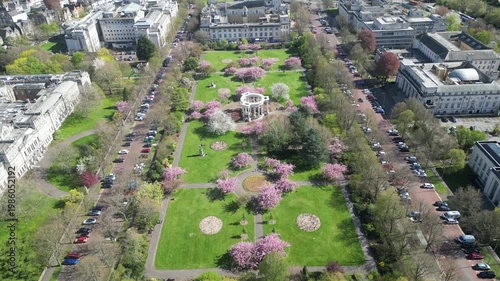 4K Aerial Drone Shot of Alexander Gardens, Cardiff in Full Cherry Blossom Bloom (30 Seconds)