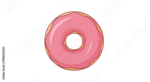 Single cartoon donut with pink icing on white background