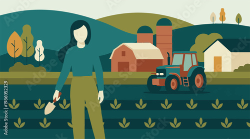 Woman farmer with trowel, agricultural farm landscape with barn and tractor.