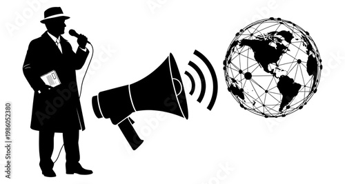 Man with megaphone announcing global news during a broadcast silhouette