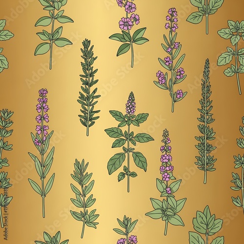 Vibrant Hand Drawn Herbal Pattern with Delicate Flowers on a Shimmering Gold Background