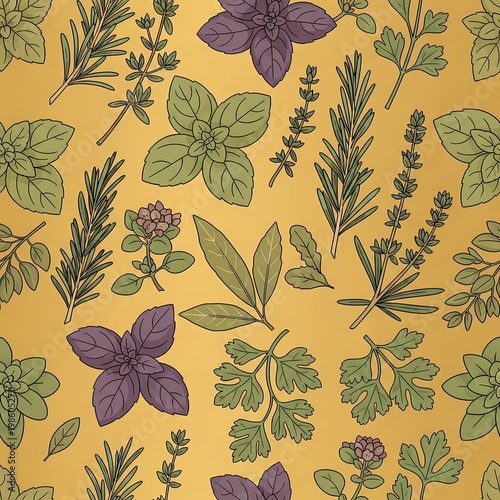 Herbal Infusion Pattern Fresh Green Herbs on Golden Background