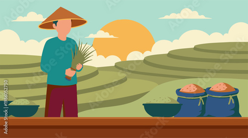 Asian Farmer Holding Rice Seedlings in Terraced Fields at Sunset