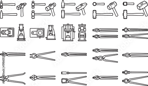 A collection of various blacksmithing tools meticulously arranged, showcasing the essential implements used in the art of metalworking.