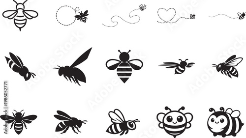 Cute bee flying icon set in flat and outline style isolated vector illustration for design use.