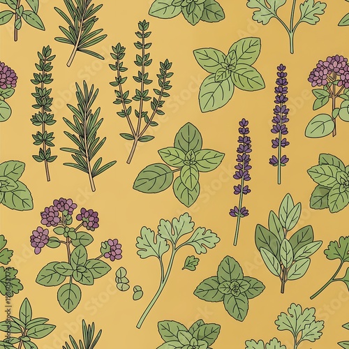 Fresh Garden Herbs Pattern Culinary Aromatic Spices Cooking Ingredients Background Design