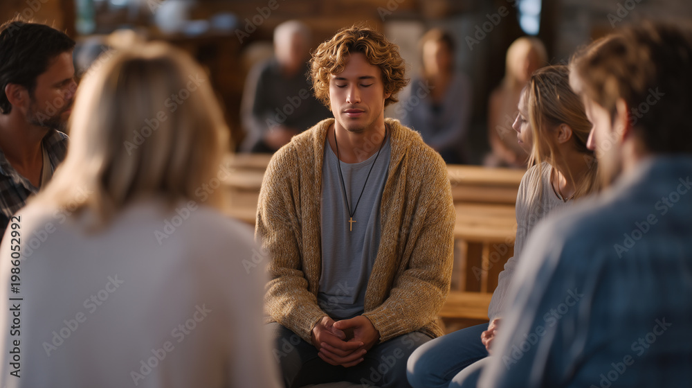 Fototapeta premium Spring grief support group seated in circle in community center, tissue boxes, soft afternoon light, Mental Health Awareness Month, group therapy, loss counseling, community mental health, diverse p