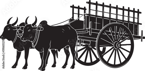 Black oxen, ox cart, farm vehicle, agricultural illustration, vector graphics