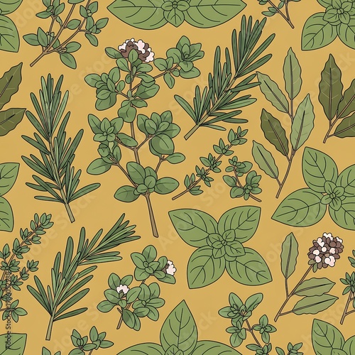 Herbs and leaves pattern on yellow background