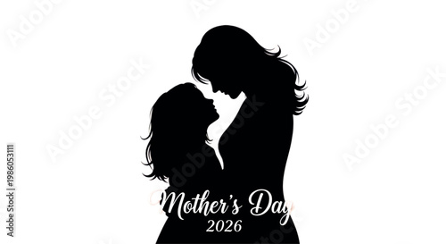 Mother's Day, silhouette mother and child, black icon, greeting card design