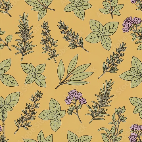Herbal Garden Pattern Fresh Basil Rosemary Thyme Sage Botanicals
