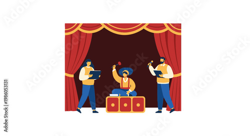 Circus Performance Scene featuring Clown and Acrobats on Stage