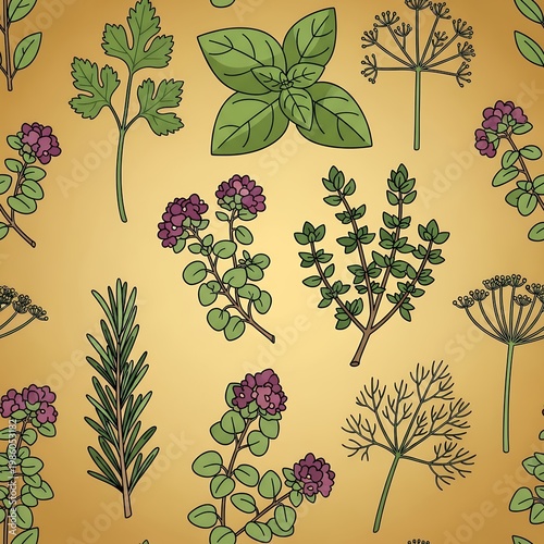 Herbal Pattern Fresh Garden Herbs Botanical Design Culinary Plants