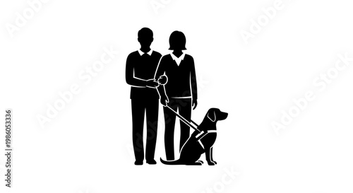 Visually impaired woman with guide dog and man assisting
