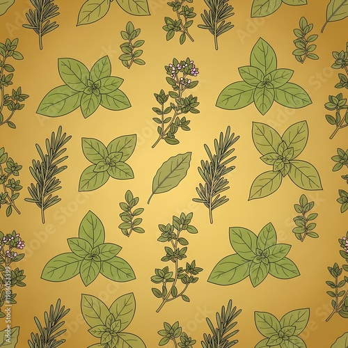 Herbs and leaves on golden background