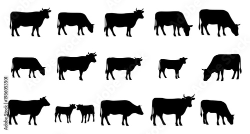 Cow and Calf Silhouette Vector Set Farm Animal Collection