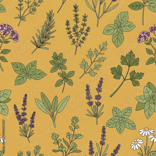Herbs and flowers botanical illustration on yellow