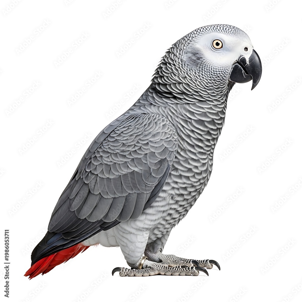 Fototapeta premium Beautifully rendered African Grey parrot with a hooked beak and red tail feathers isolated on a white surface.