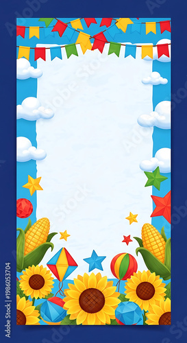Festa Junina colorful frame with flags sunflowers and copy space
