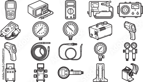 Industrial tools and instruments are presented in a monochrome, high-angle shot, providing a clear and comprehensive look at various measurement and testing equipment.