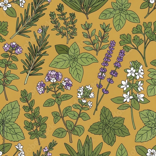 Herbs and flowers on yellow background