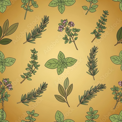Herbs and leaves on golden background