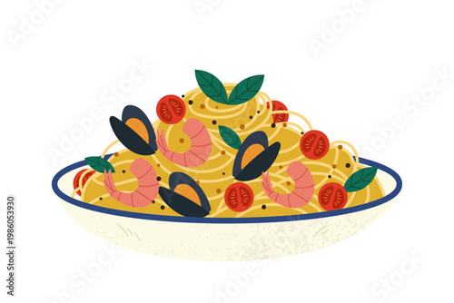 Appetizing plate of Italian seafood pasta with large shrimp, mussels, and herbs. High quality vector illustration for restaurant menus, seafood festivals, and Mediterranean food branding