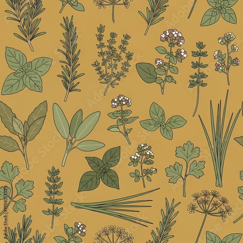 Detailed Botanical Illustration Seamless Pattern Fresh Kitchen Herbs Golden Ochre Background