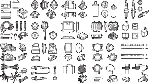 A collection of meticulously detailed automobile parts, from engines to electrical components, displayed against a clean background, ideal for illustrating vehicle systems and mechanics.