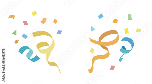 シンプル販促・装飾素材シリーズ – 紙吹雪とリボンの装飾素材セット（左右・ブルー配色・カラーフラット）