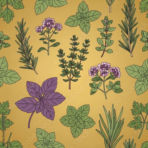 Garden Herbs Seamless Pattern Decorative Botanical Illustration Fresh Aromatic Ingredients