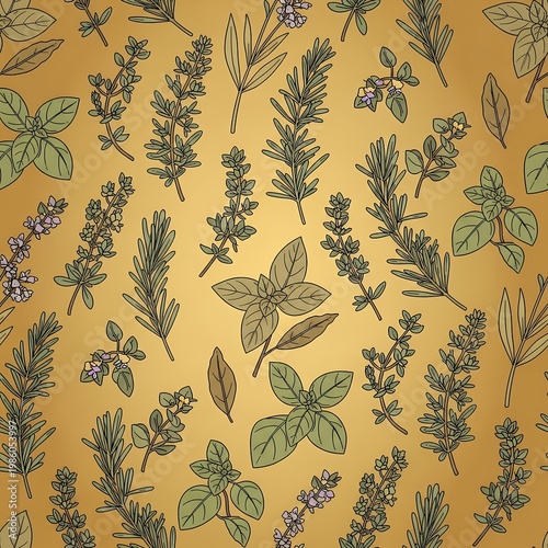 Culinary Herb Garden Pattern Warm Golden Background Hand Drawn Illustration