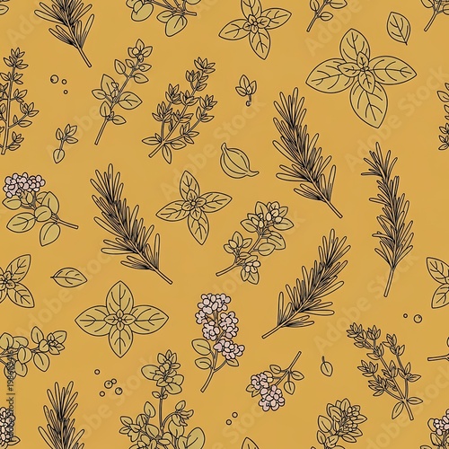 Herbal Garden Pattern Aromatic Herbs Botanical Illustration