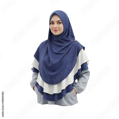 Woman wearing blue hijab headscarf smiling.