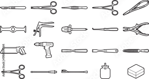 A collection of surgical tools arranged in a clean, high-contrast array, perfect for illustrating medical concepts, medical equipment, and healthcare-related topics.