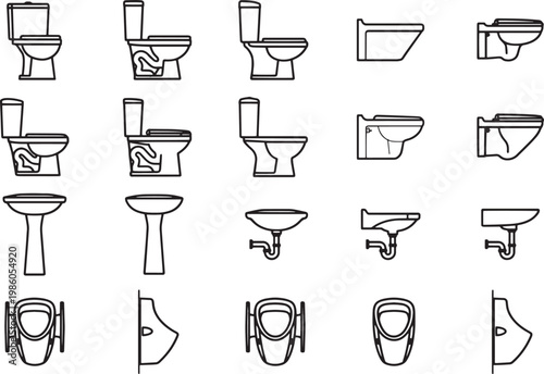 An Array of Sanitary ware Icons for Bathrooms, depicting various types of toilets, washbasins, and urinals with clear outline in a straightforward manner.