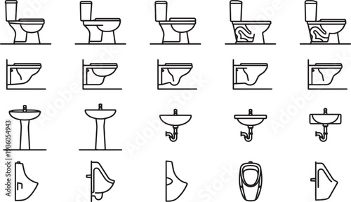 Bathroom Fixtures in minimalistic style. Featuring various plumbing fixtures, each drawn with clean lines and precision, this image caters to architects, designers.