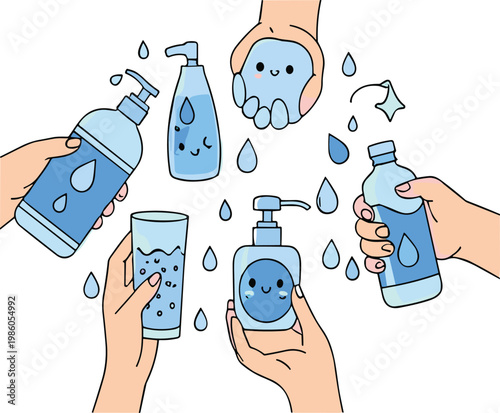Hand hygiene and washing concept with soap bottles sanitizer water drops and clean hands personal care illustration collection