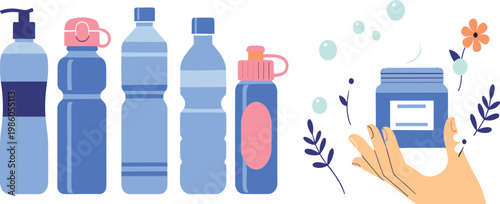 Reusable water bottles and skincare container set with hand holding cosmetic jar eco friendly lifestyle hydration and personal care illustration