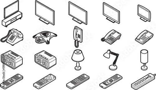 A collection of tech appliances illustration, in black and white line art, highlighting modern lifestyle and communication with flat design.
