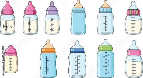 Baby feeding bottles set with milk measurement scale colorful infant containers and newborn nutrition childcare accessories illustration collection