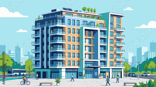 Modern Sustainable Apartment Building Illustration in Urban Setting