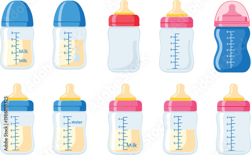 Set of baby feeding bottles with milk and water measurement scale colorful infant nutrition containers and newborn care accessories collection