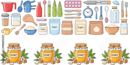 Hand drawn kitchen utensils and sugar ingredients set with honey jars baking tools measuring cups spoons and cooking equipment collection