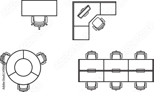 Top-Down view of Various office furniture, revealing a modern and functional office layout for collaborative and individual work.