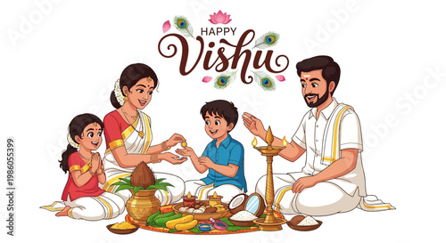 A heartwarming vector illustration depicts a family celebrating the Vishu festival, with the father lighting a lamp, the mother and children watching, set against a clean white background