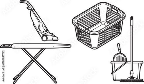 Household essential tools for home cleaning, including a vacuum cleaner, laundry basket, ironing board, and a mop and bucket setup.