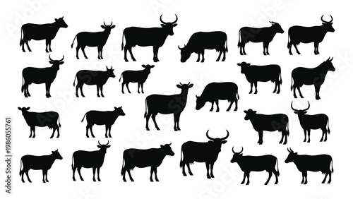 A collection of black silhouettes depicting various breeds of cattle in different postures high quality professional