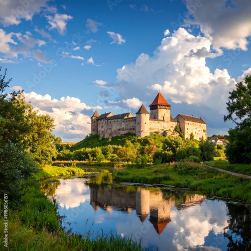 A serene castle on a hill reflected in a calm river